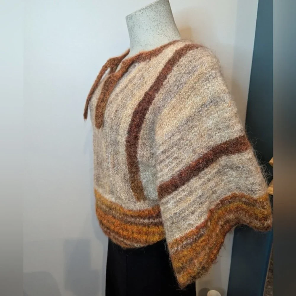 Vintage boho knit mohair Silk wool blend striped sweater kimono arm style Sz L